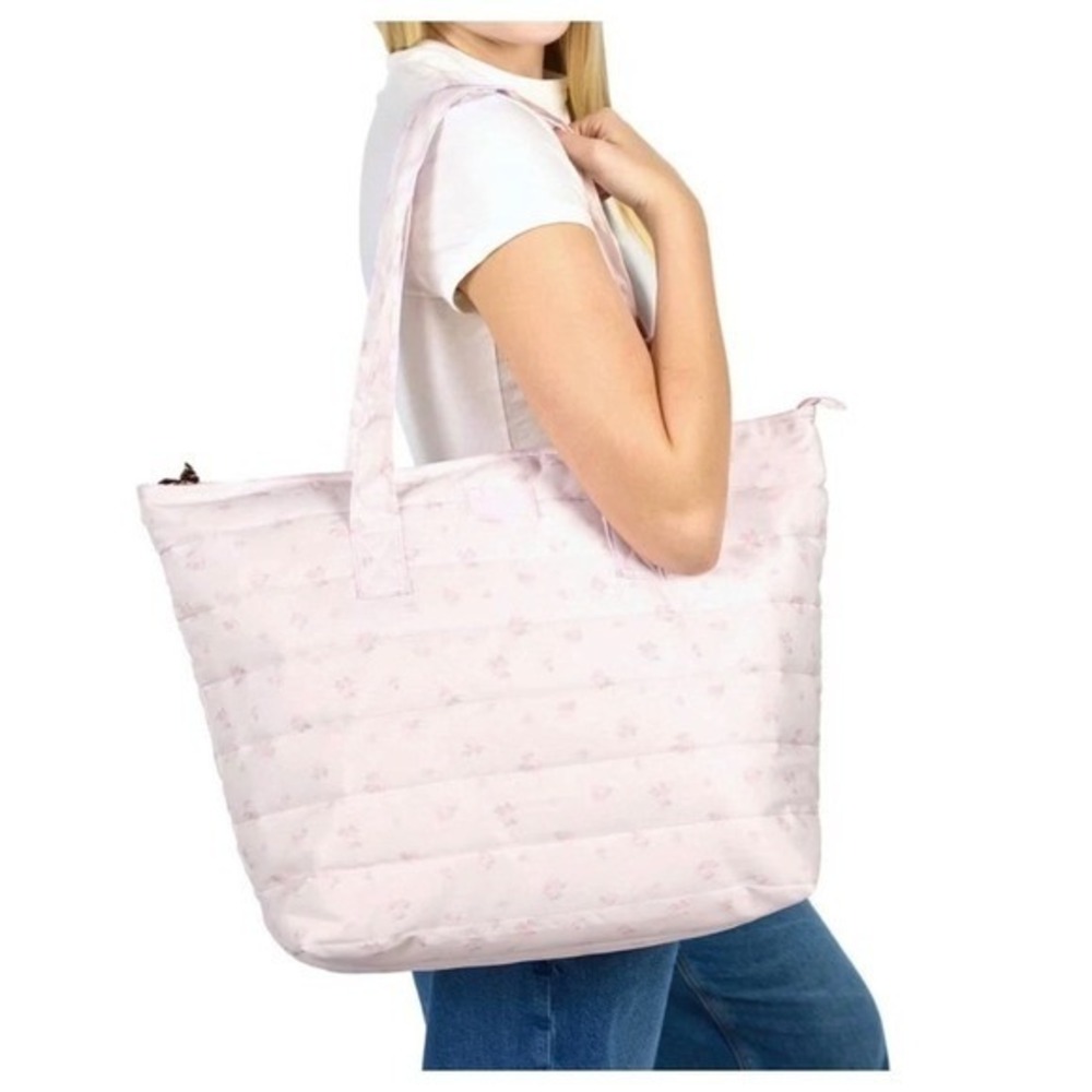 LoveShackFancy x Yoobi Pink Floral Quilted Tote Bag Laptop Sleeve Gold Bow Zip - Picture 2 of 6